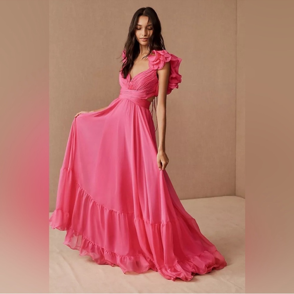 MAC DUGGAL Ruffle Tiered Cut-Out Chiffon Gown Anthropologie